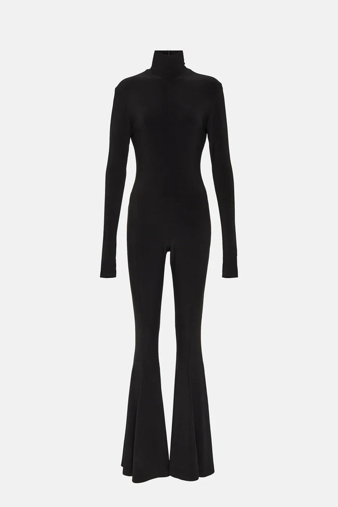 Elegant black jumpsuit with a turtleneck, flared pants, and back zip, perfect for formal occasions.