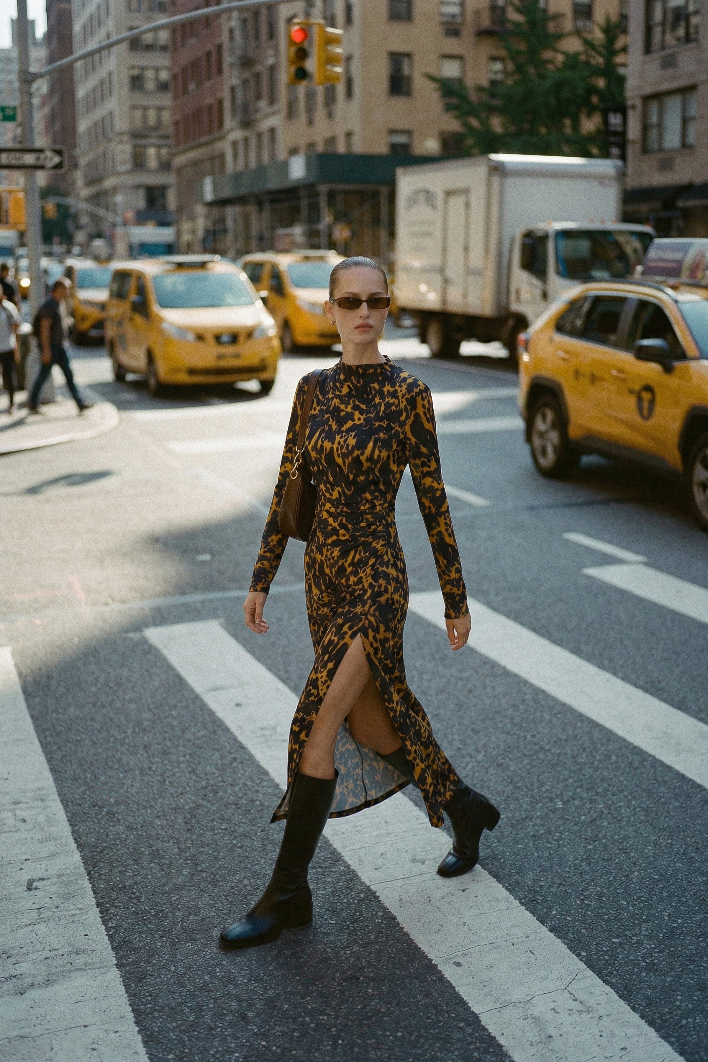 Woman in a patterned leopard print slit midi dress crossing a city street with taxis and traffic lights in the background.