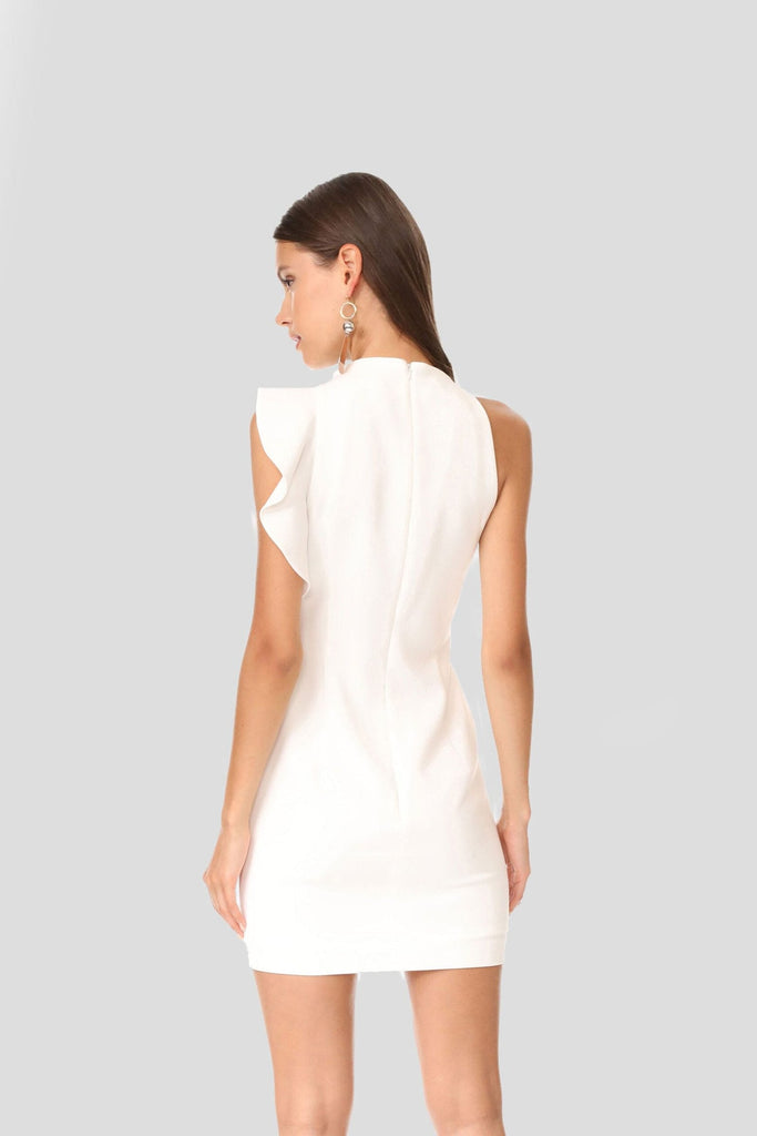 Off-white mini dresses with asymmetric ruffle shoulder and sleek fit