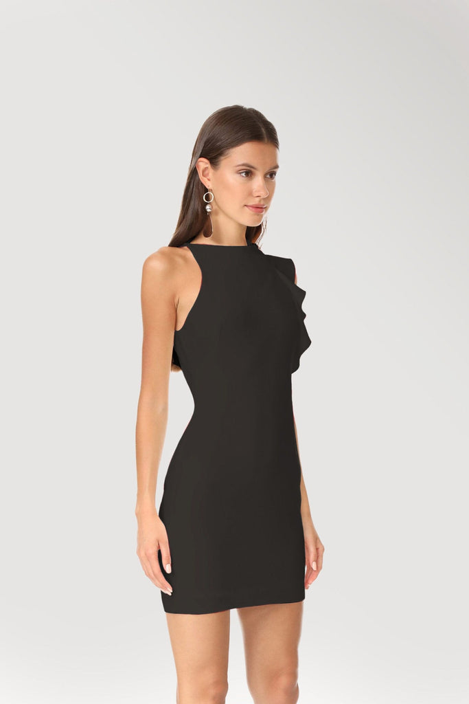 Chic black cocktail dresses with asymmetric neckline, perfect for parties