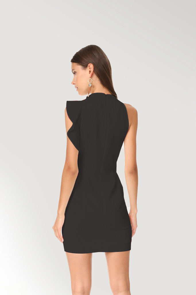 Stylish black cocktail mini dresses with asymmetric ruffle shoulder and sleek fit