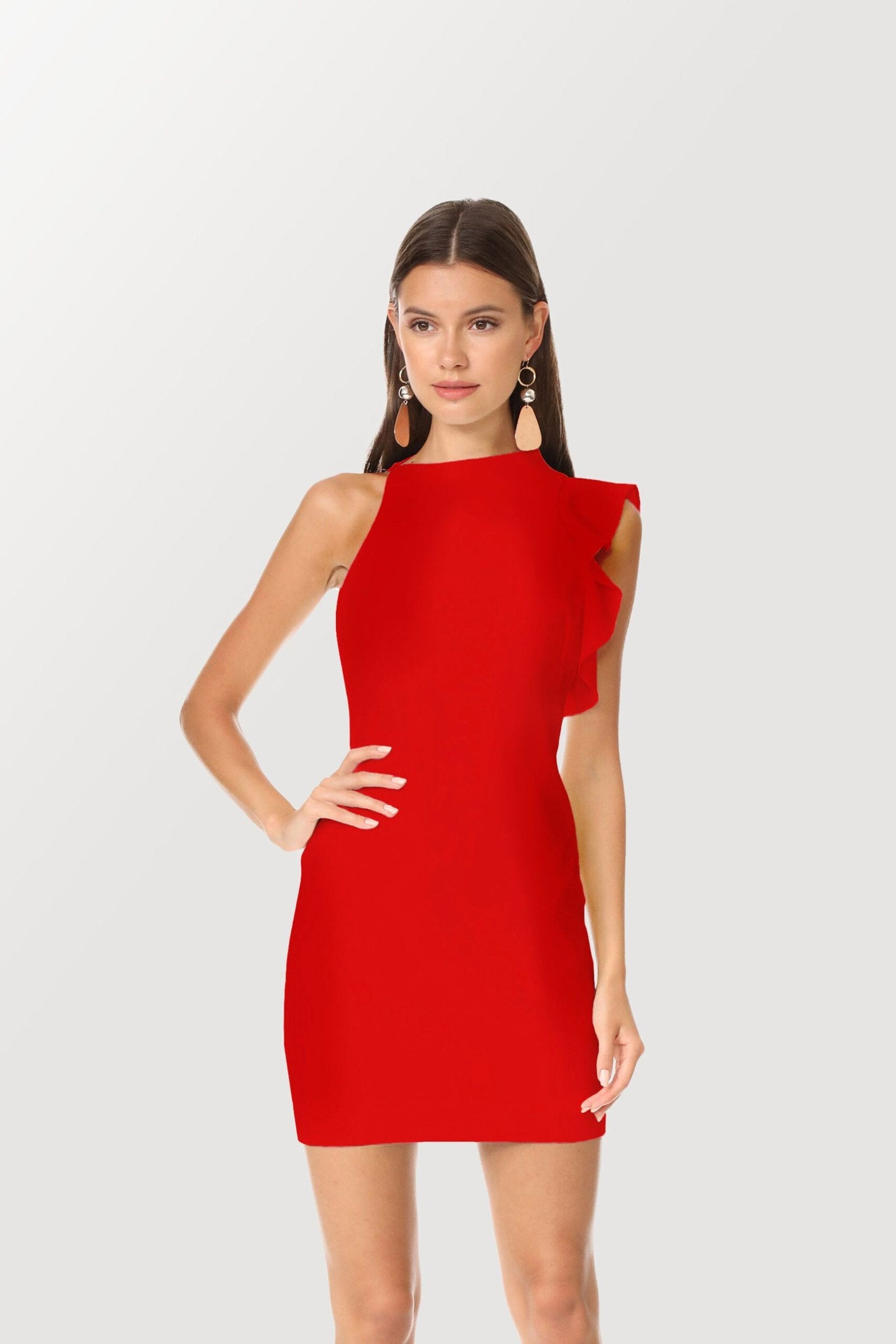 Bold red cocktail mini dresses with ruffle shoulder and asymmetric neckline