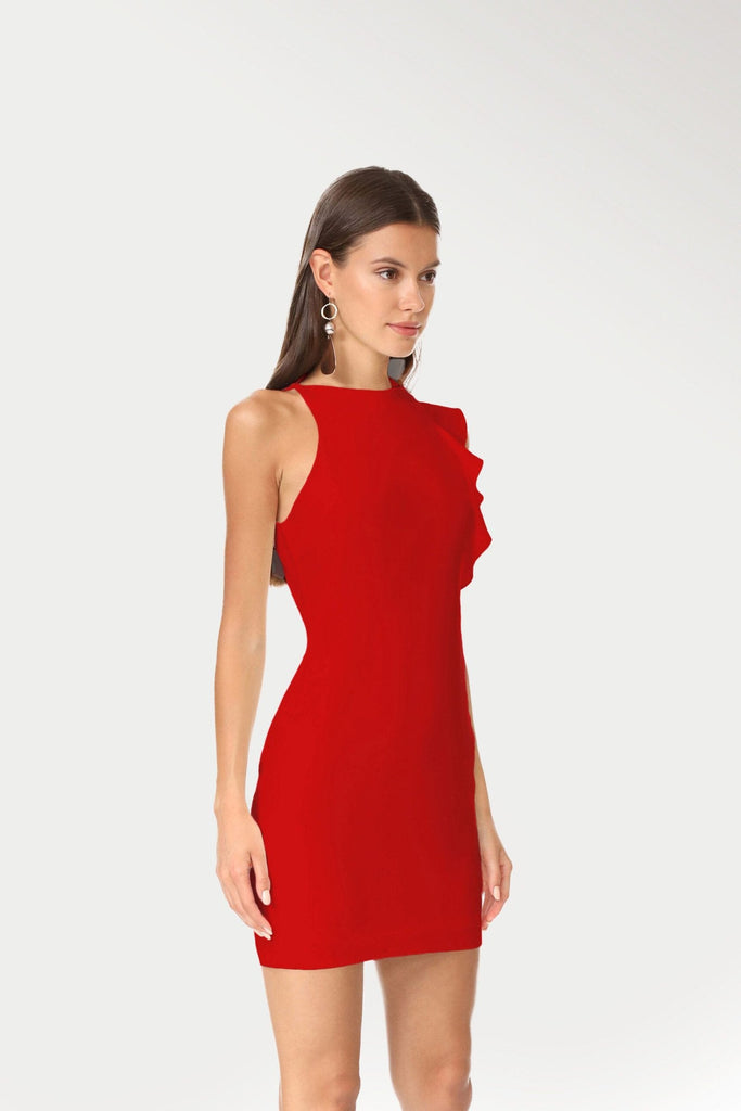 Chic red cocktail dresses with asymmetric neckline, made in Madrid