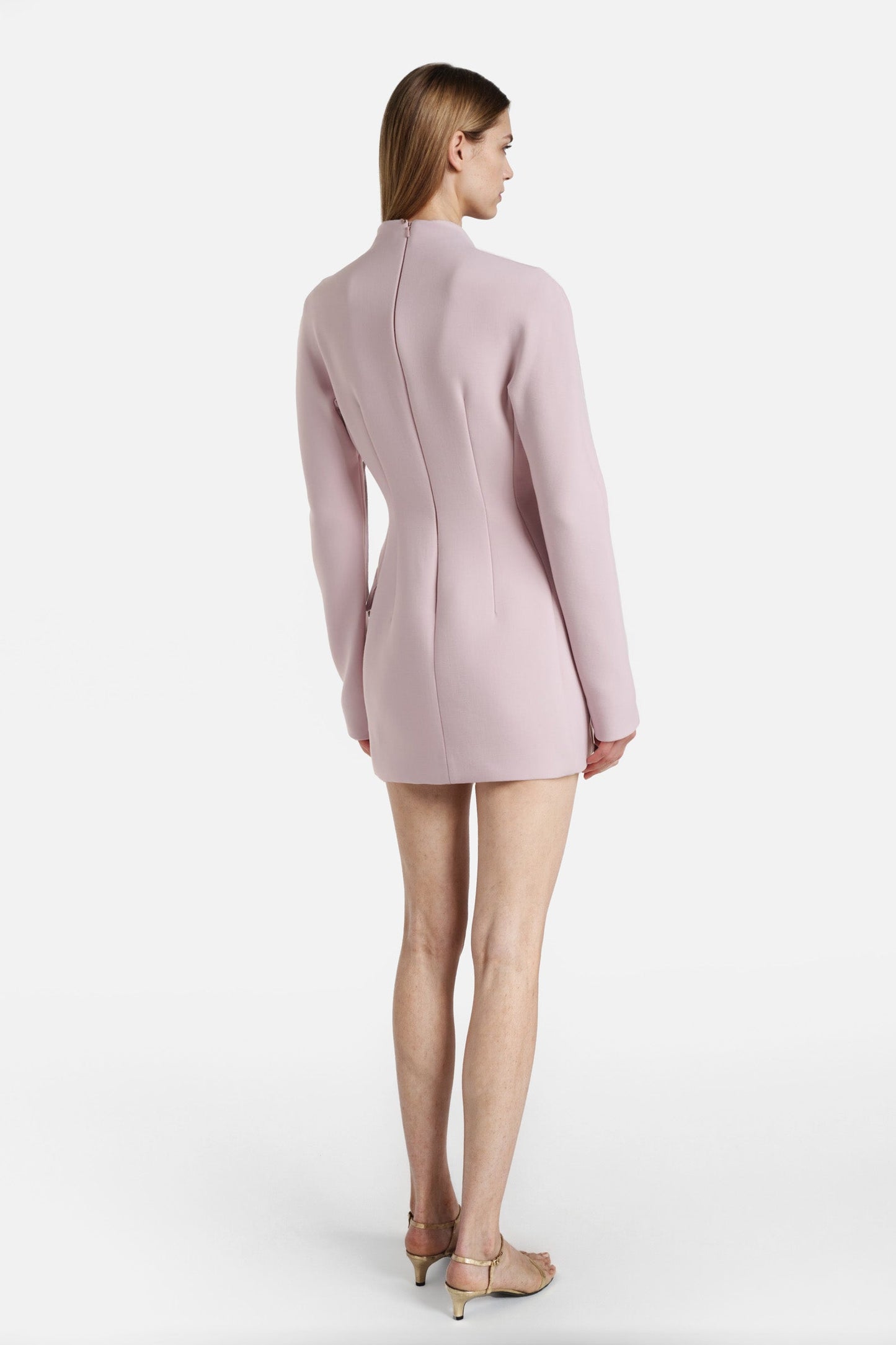 Back view of long-sleeve lilac mini dress with hidden zip and high neck