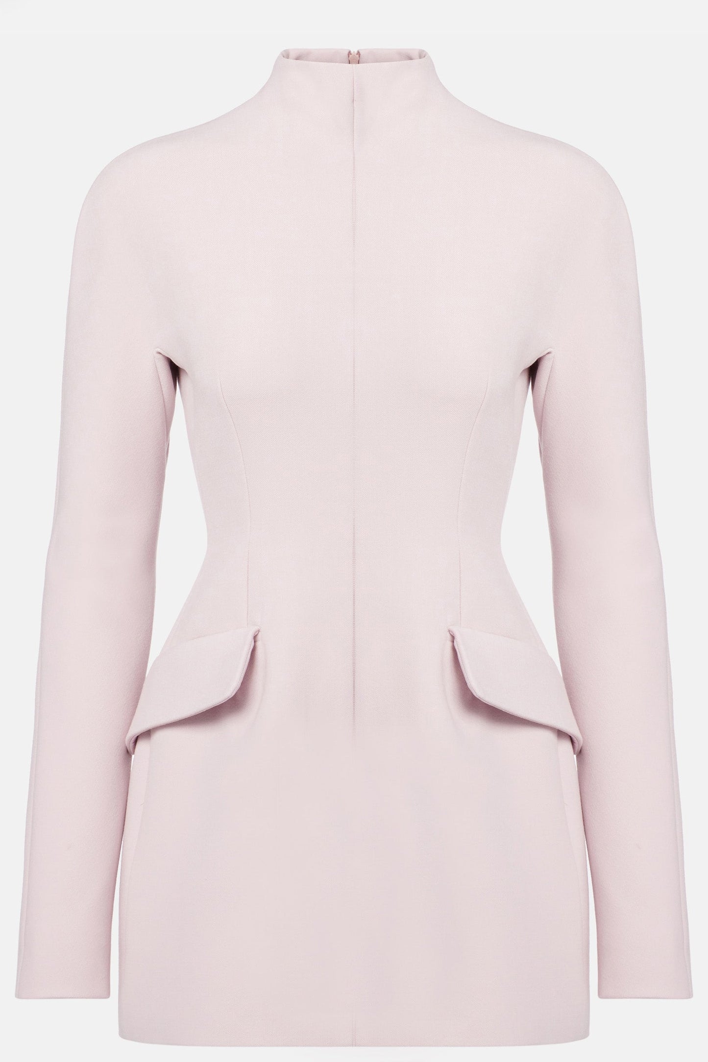Close-up of waist flap detail on tailored lilac long-sleeve mini dress