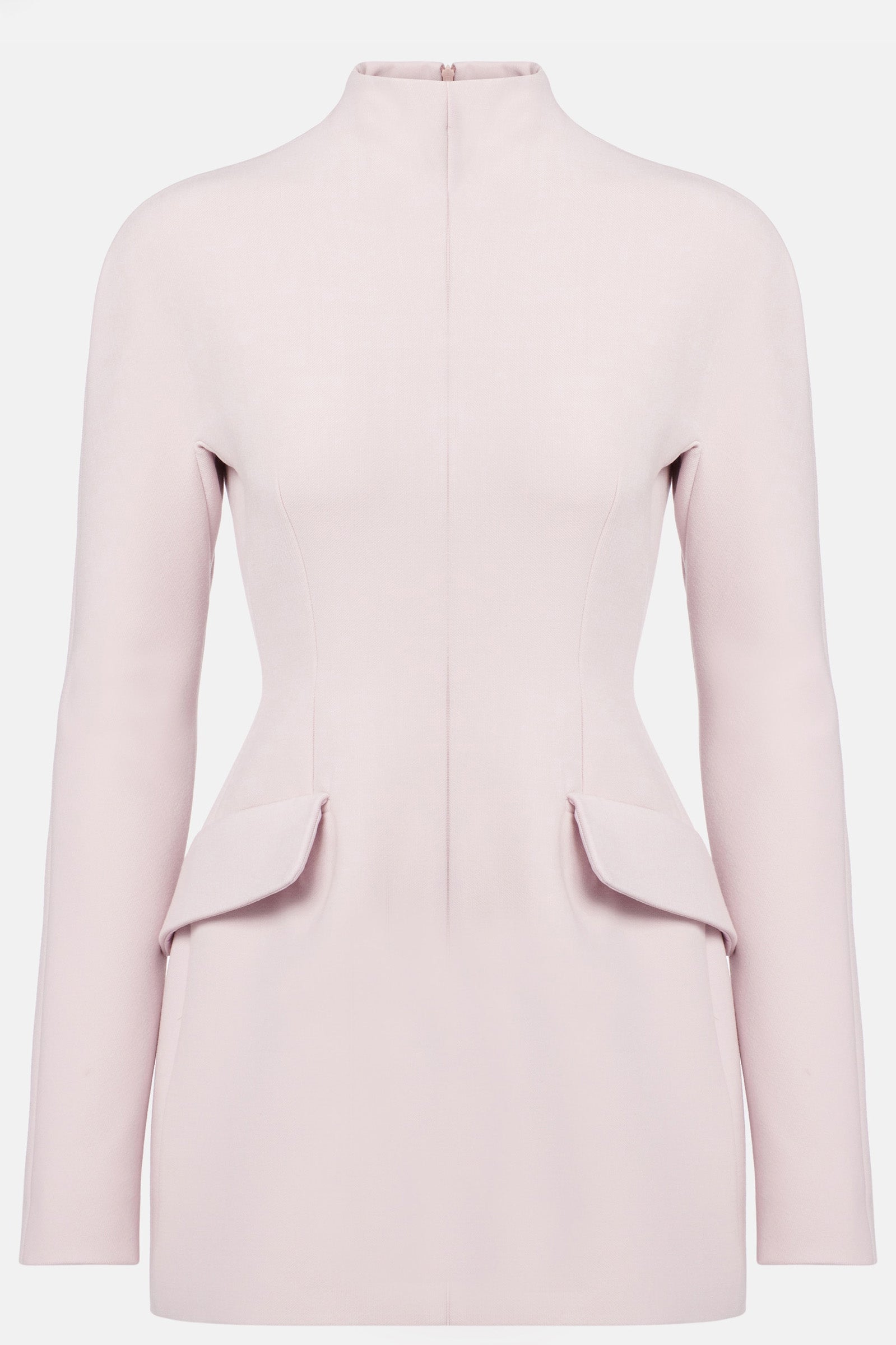 Close-up of waist flap detail on tailored lilac long-sleeve mini dress
