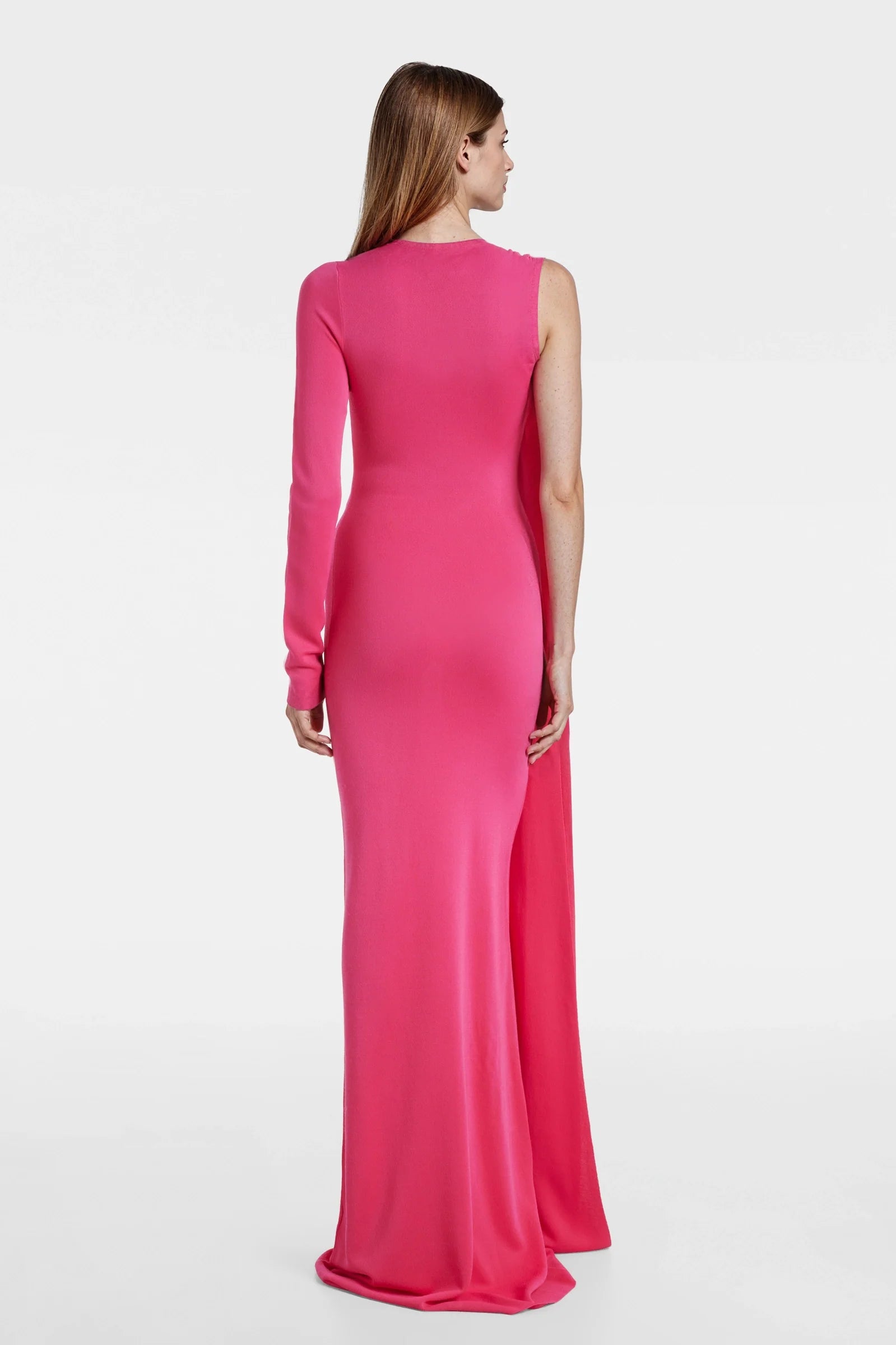 Pink maxi dress with asymmetric one sleeve – back view