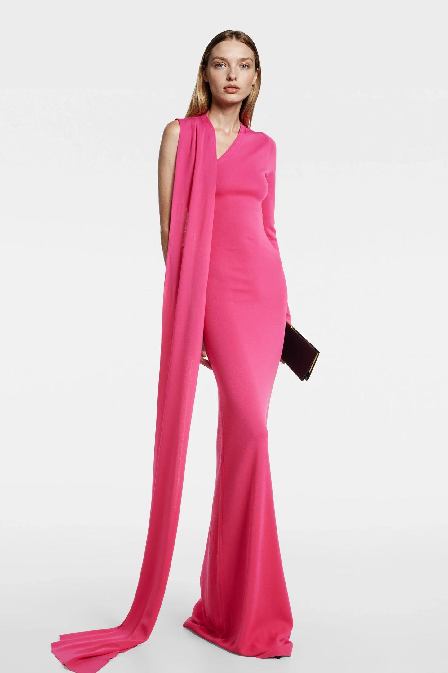 Pink one-sleeve maxi dress with scarf panel – model view