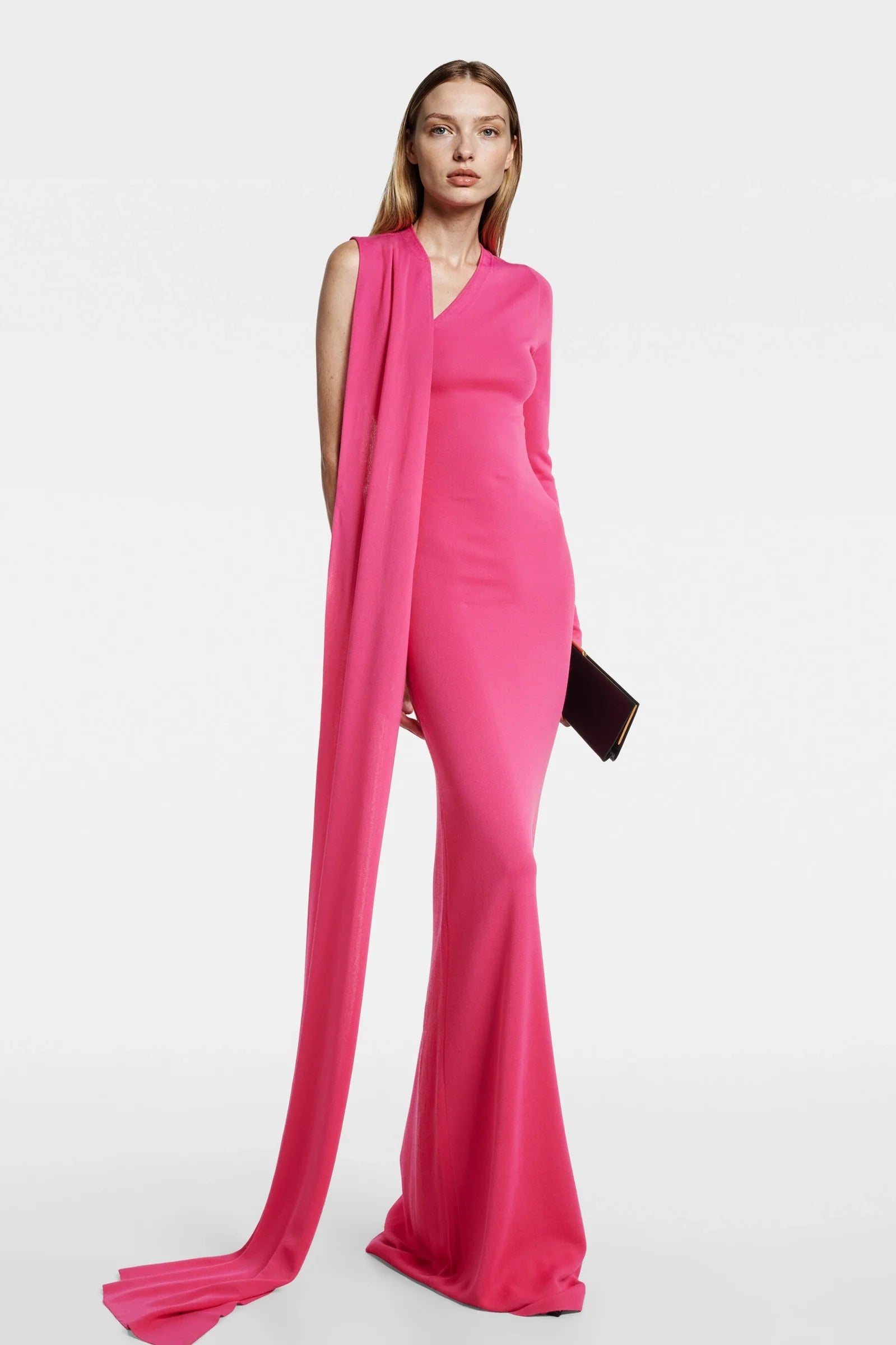 Pink one-sleeve maxi dress with scarf panel – model view