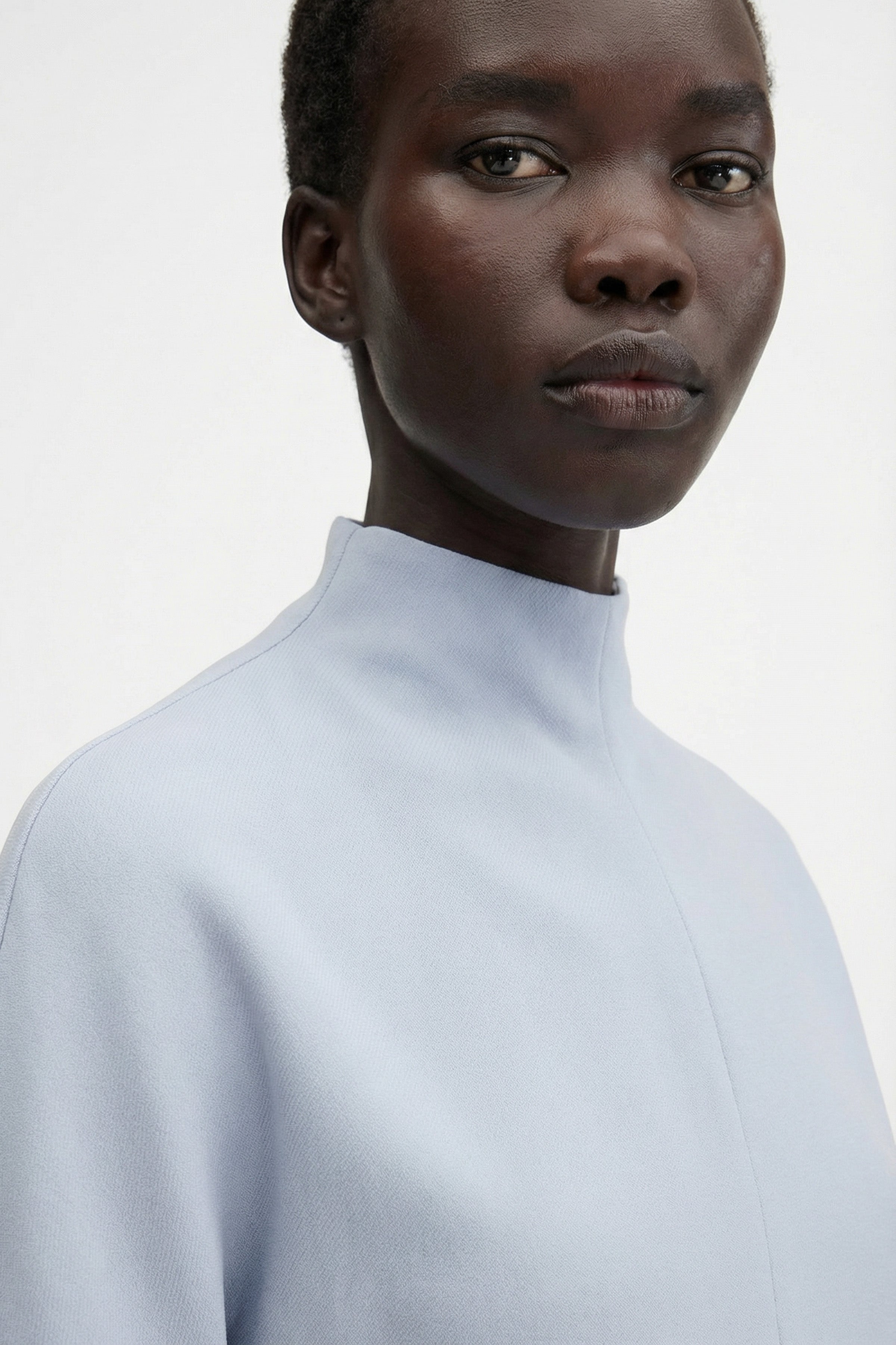 Structured Crepe Mini Dress in Ice Blue – Long Sleeve