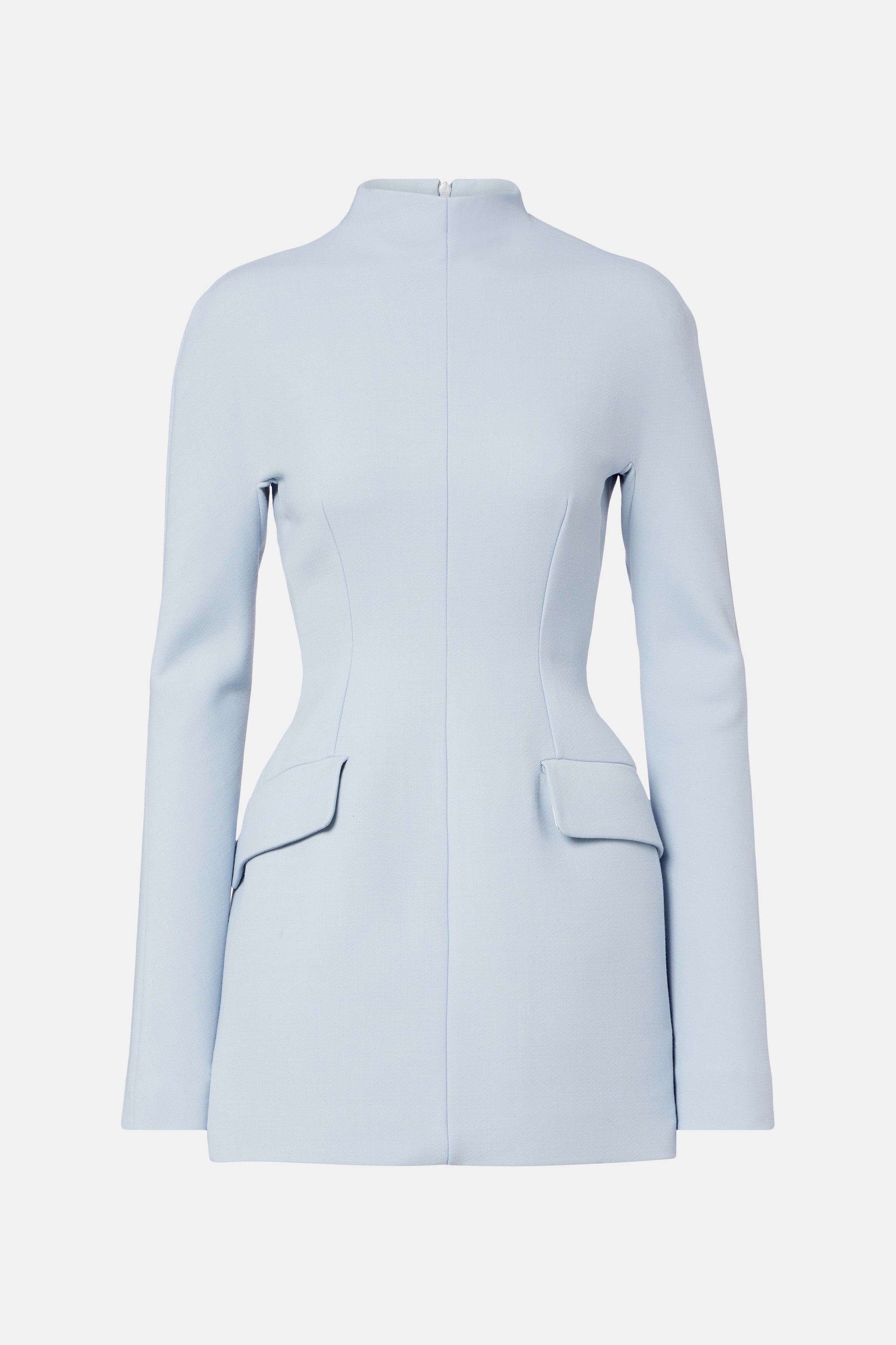 Studio product shot of a light blue long-sleeve mini dress featuring a high neck, cinched waist, and symmetrical hip flaps against a plain background.