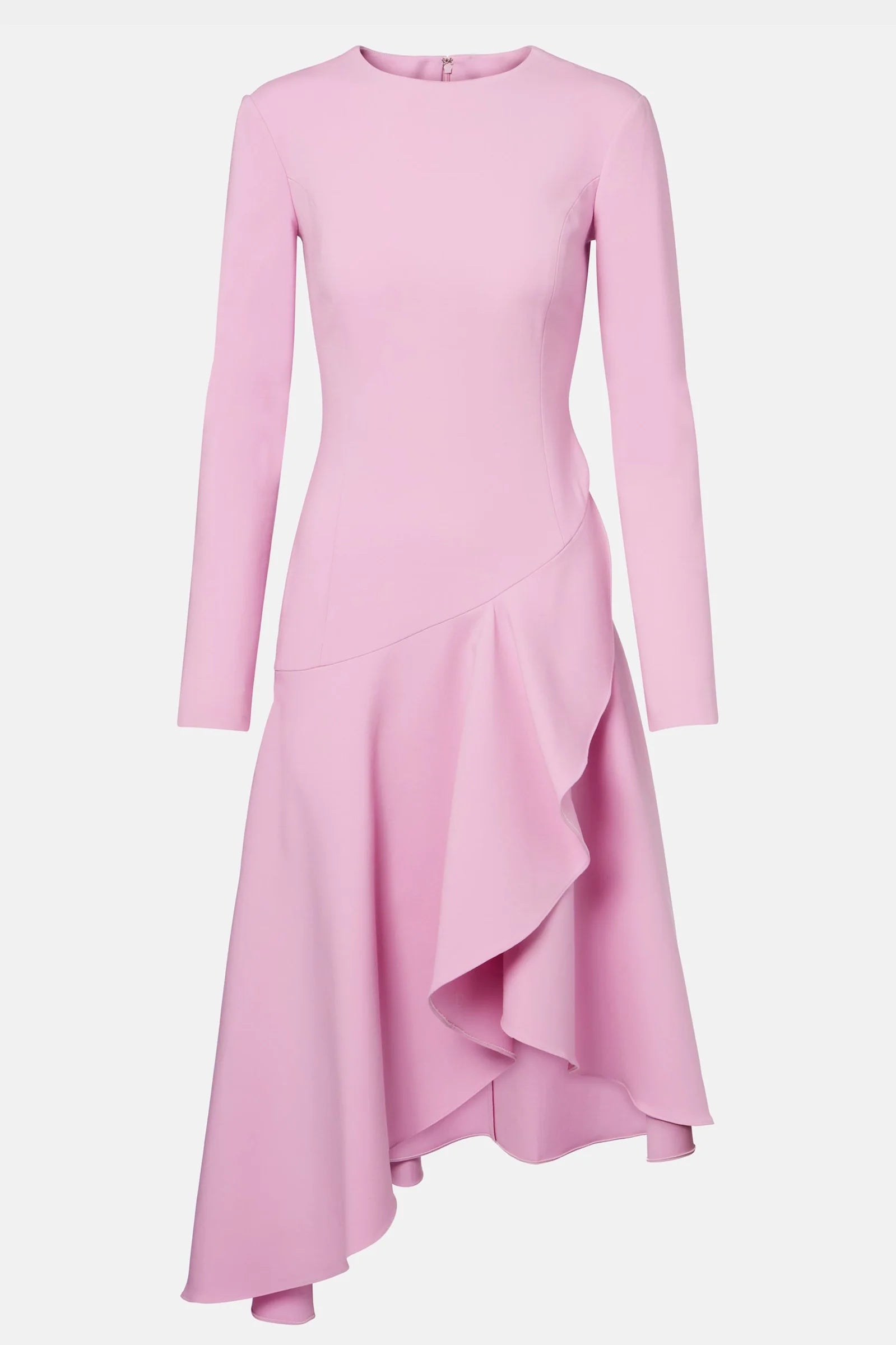 Pink ruffle midi dress, side view, showing movement