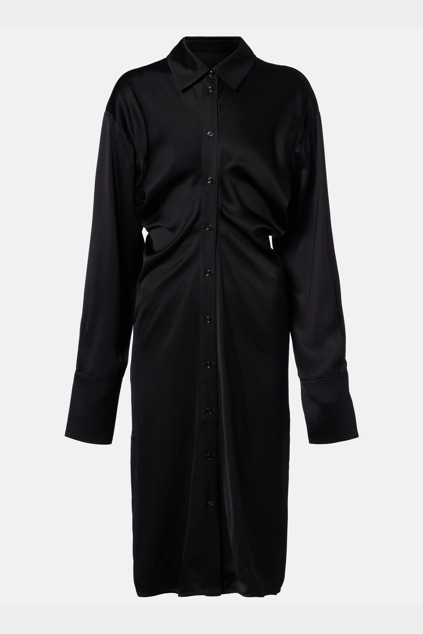 Professional studio product shot of the Felipe Albernaz Black Satin Ruched Midi Shirt Dress on a light grey background.