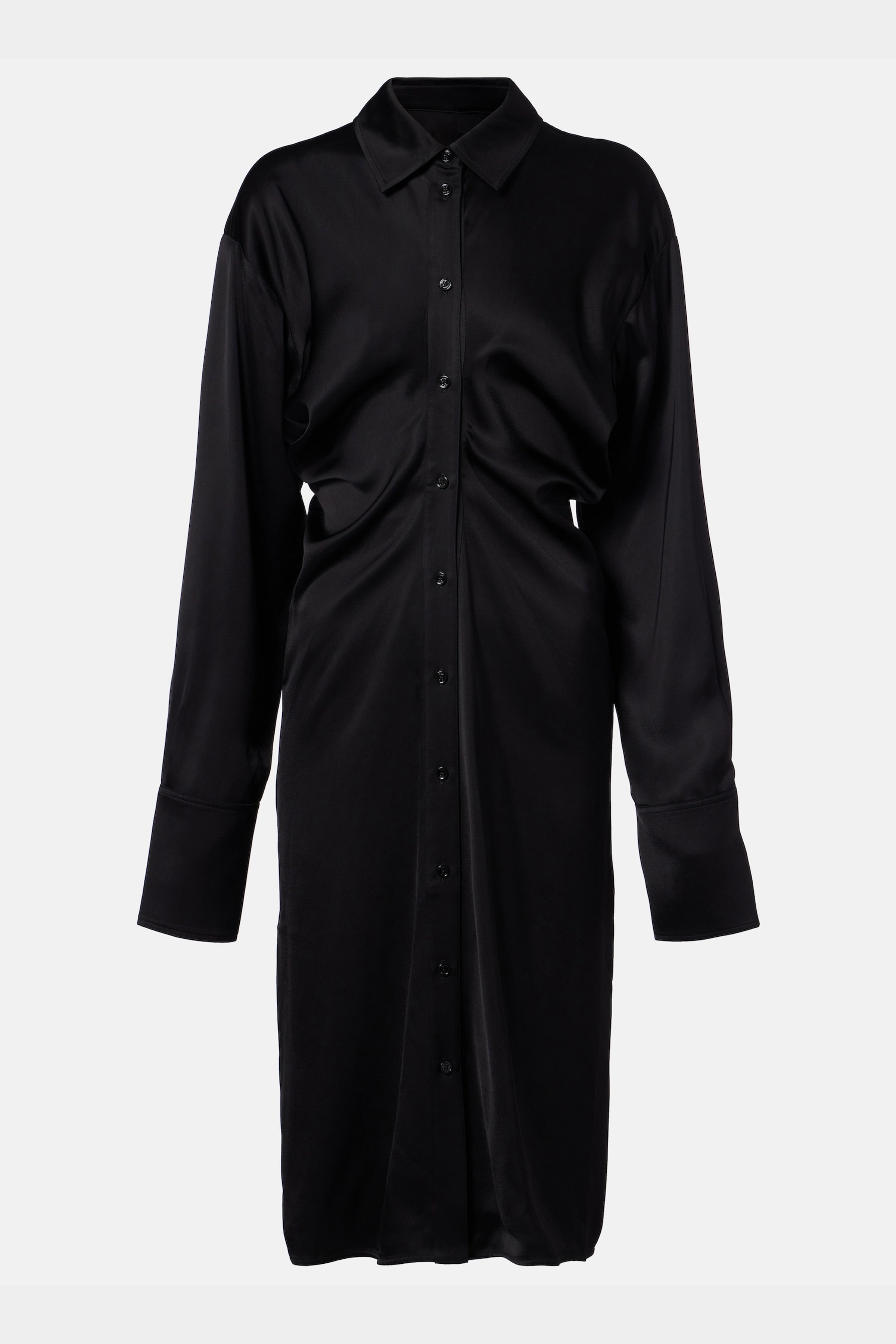 Professional studio product shot of the Felipe Albernaz Black Satin Ruched Midi Shirt Dress on a light grey background.