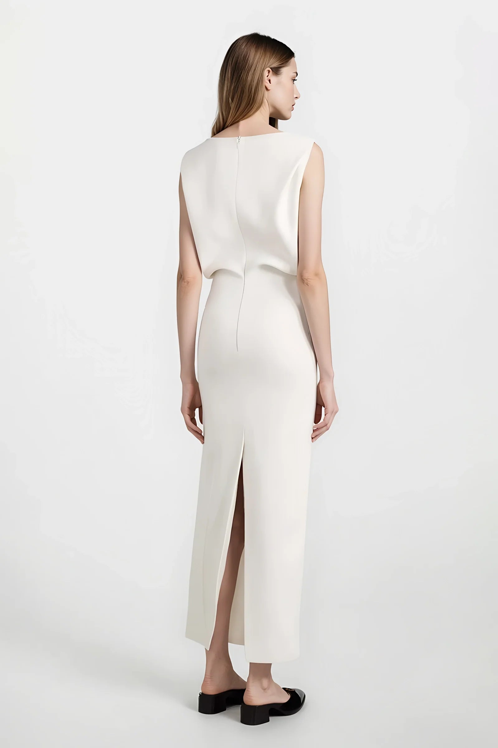 Minimalist ivory midi dress in recycled crepe, product flat back.