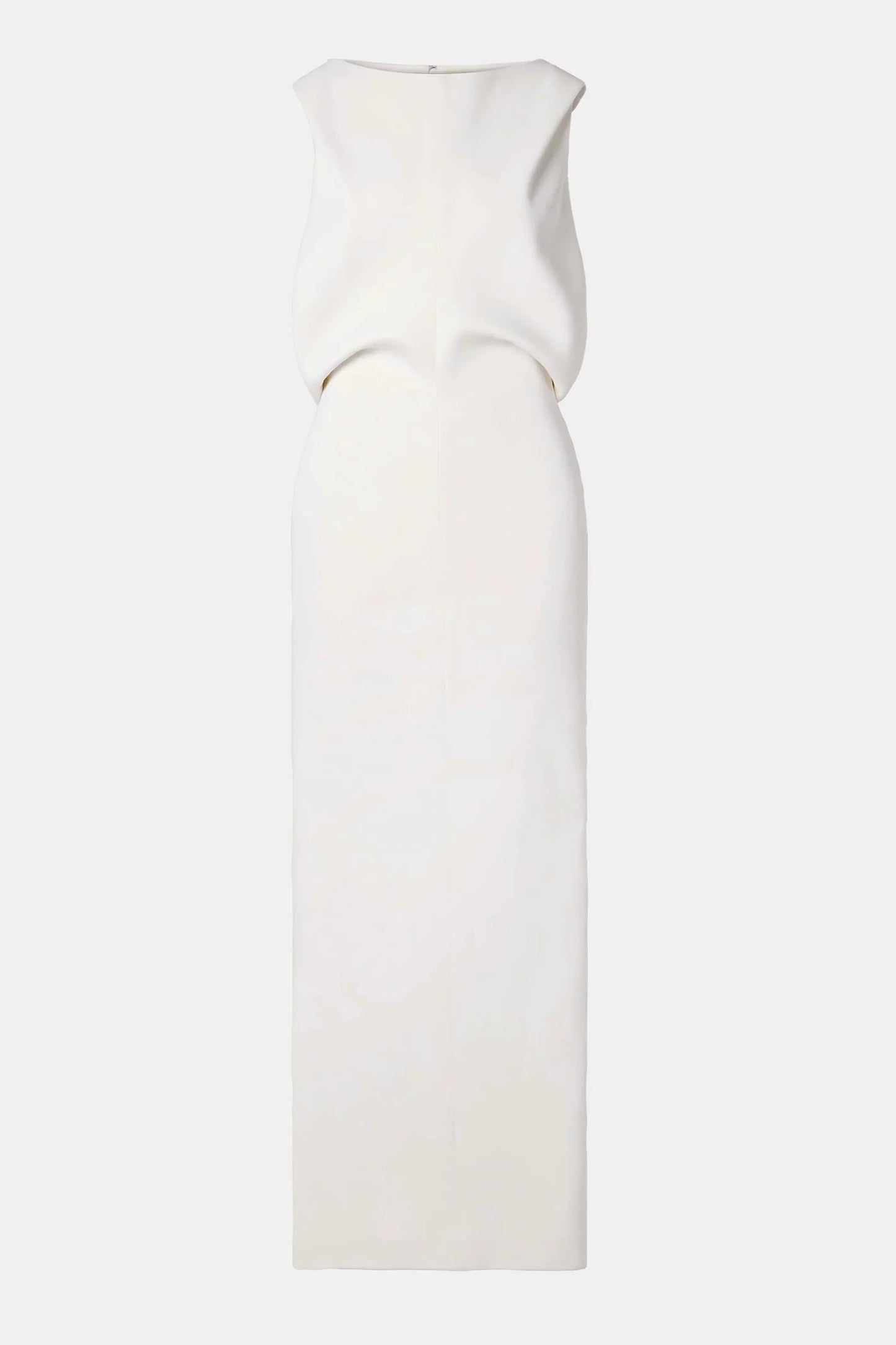 Ivory draped crepe midi dress with back slit, rear view.