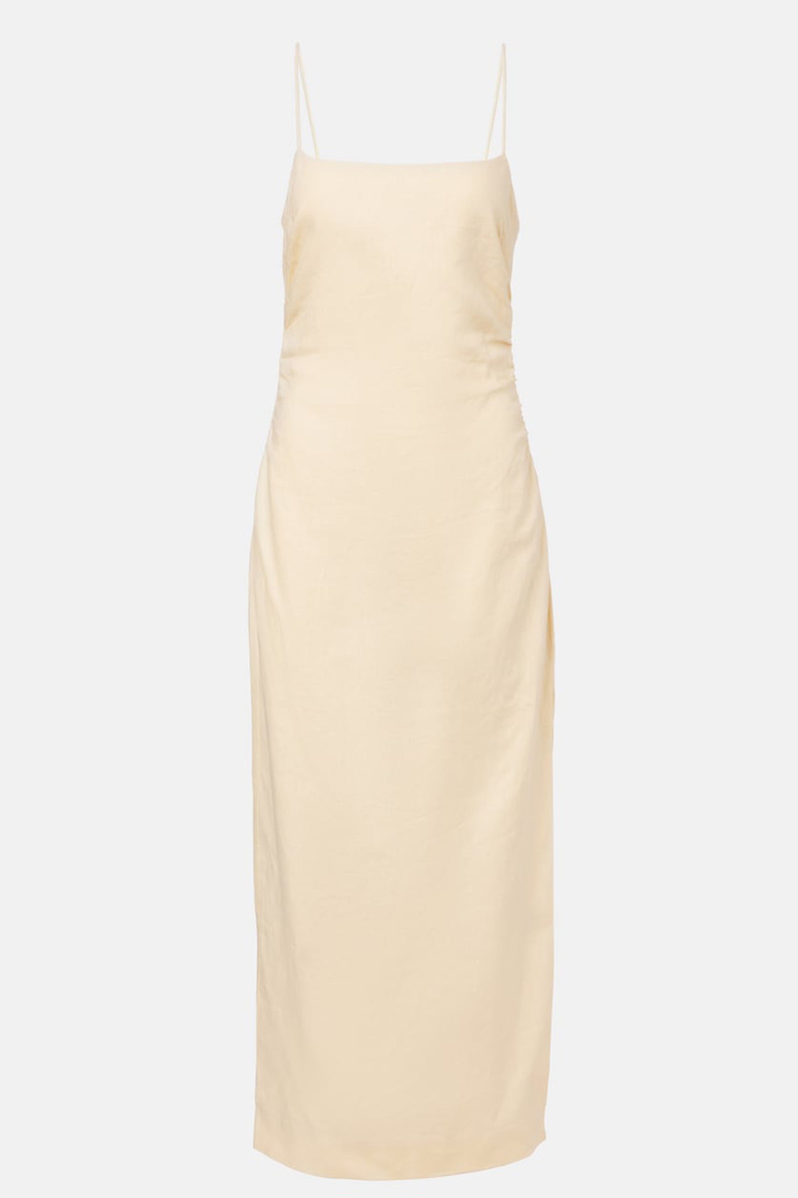 Front view of the yellow linen midi slip dress on a mannequin, highlighting the square neckline, spaghetti straps, and natural fabric texture.
