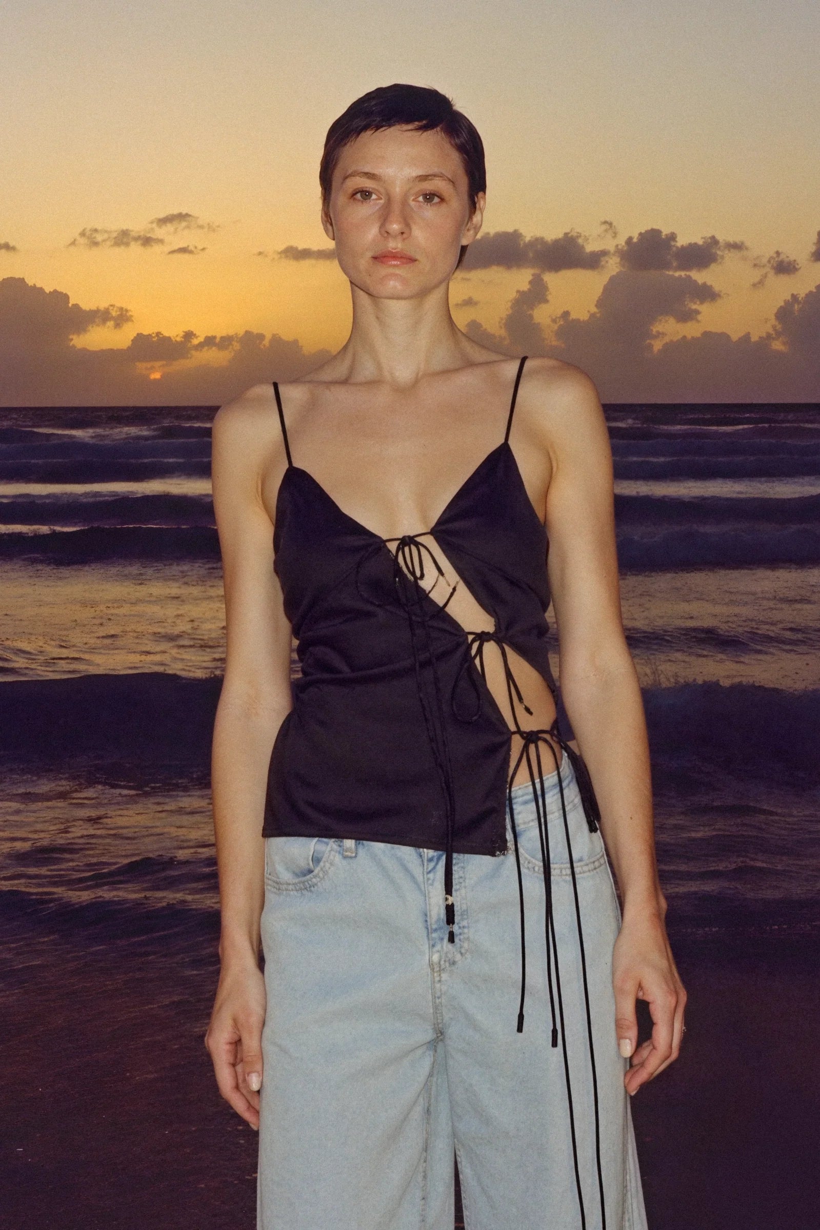 Black Satin Tie-Front Crop Top