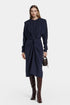 Model wearing Felipe Albernaz Nok Navy Dress – twisted draped front and structured shoulders in navy blue