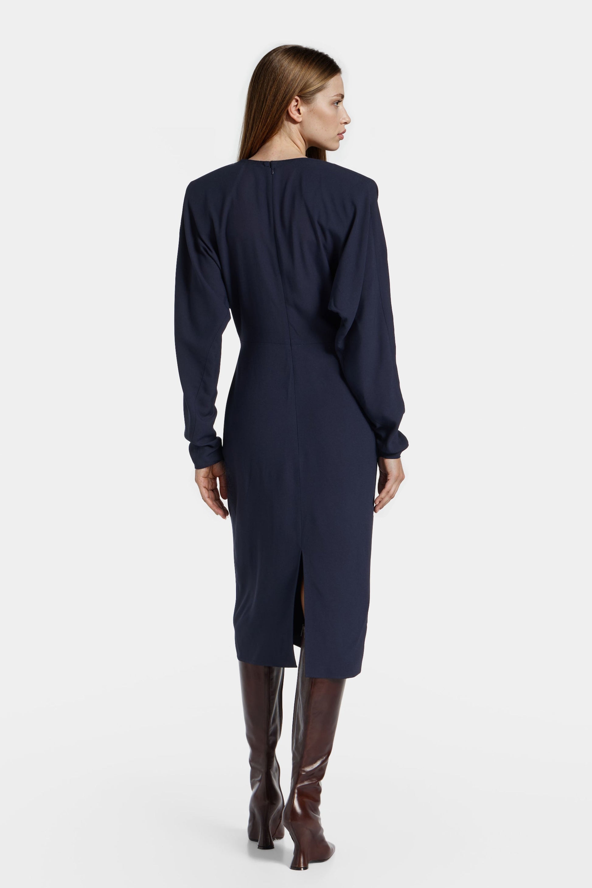 Back view of Felipe Albernaz Nok Navy Dress – clean lines and tailored midi length