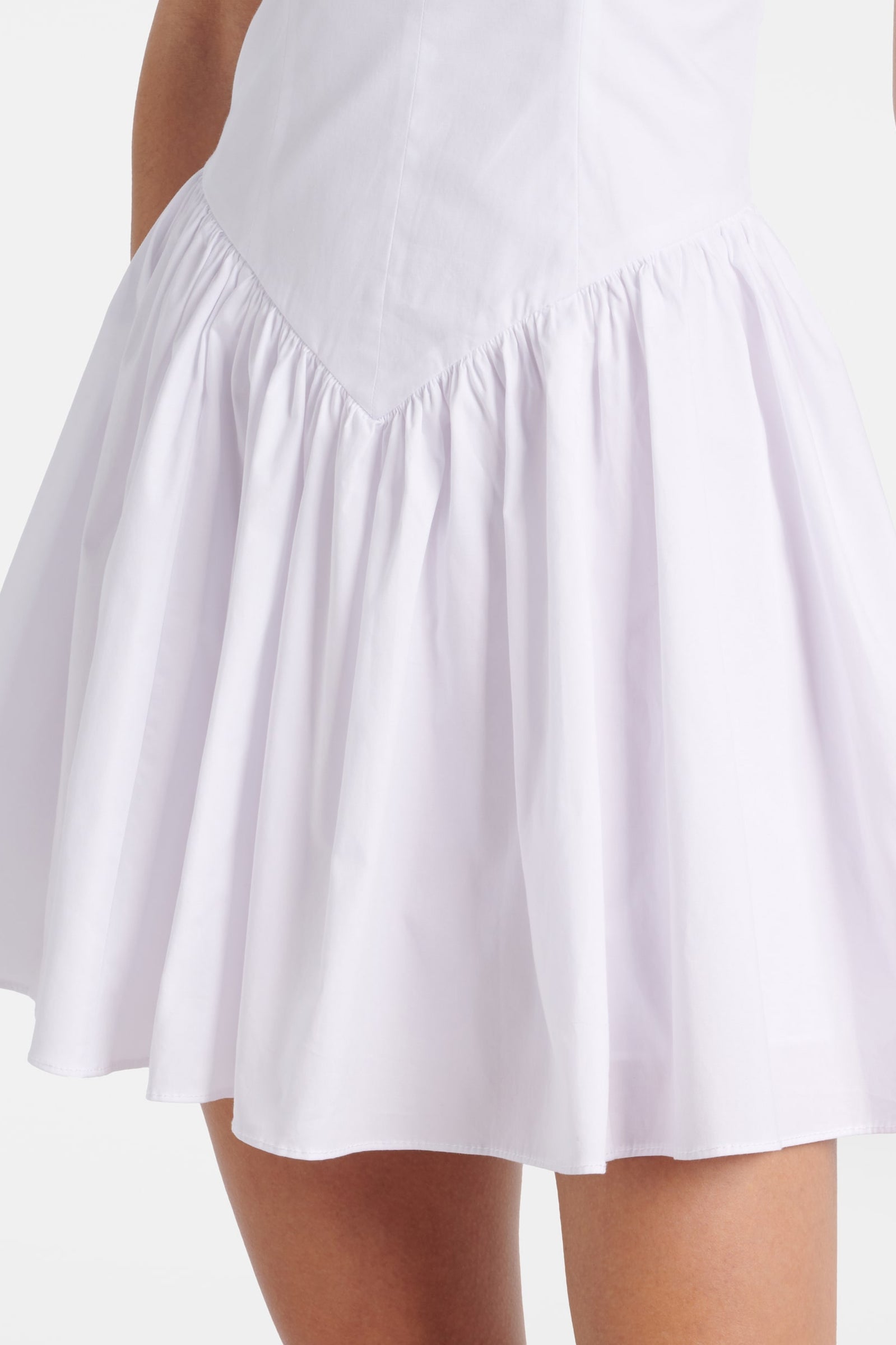 Detail view of the white poplin cotton mini dress on a flat surface or mannequin, highlighting the camisole neckline and ruffled skirt.

