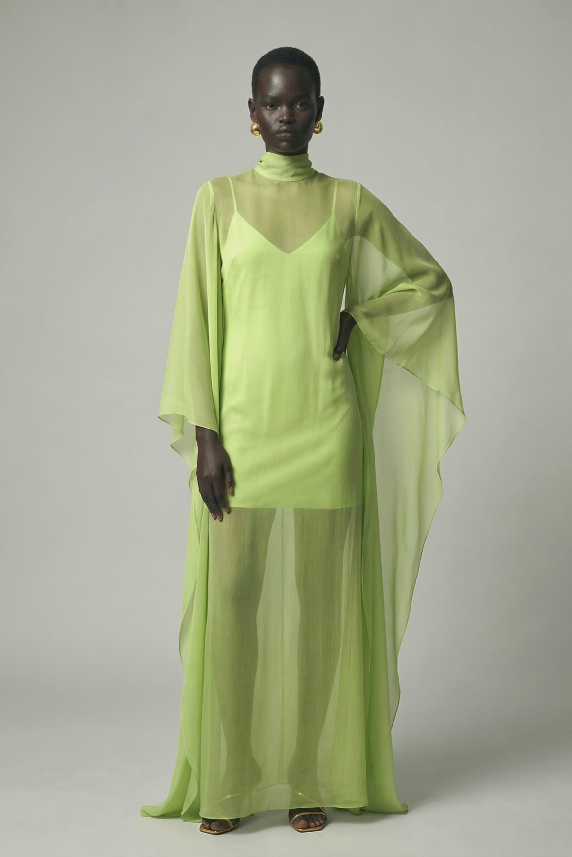 Sheer Lime Green Chiffon Cape Dress with High Neck