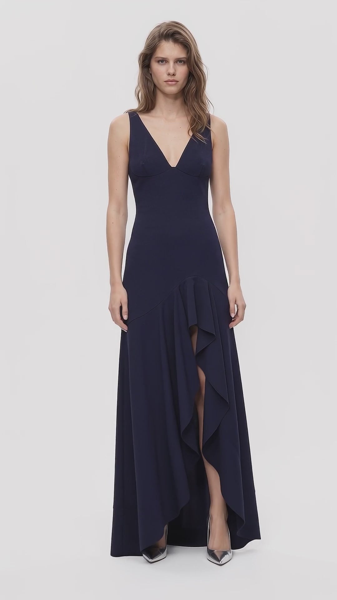 Navy Ruffle Hem Gown