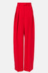 Front view of red trousers showing structured waistband and flowy silhouette.
