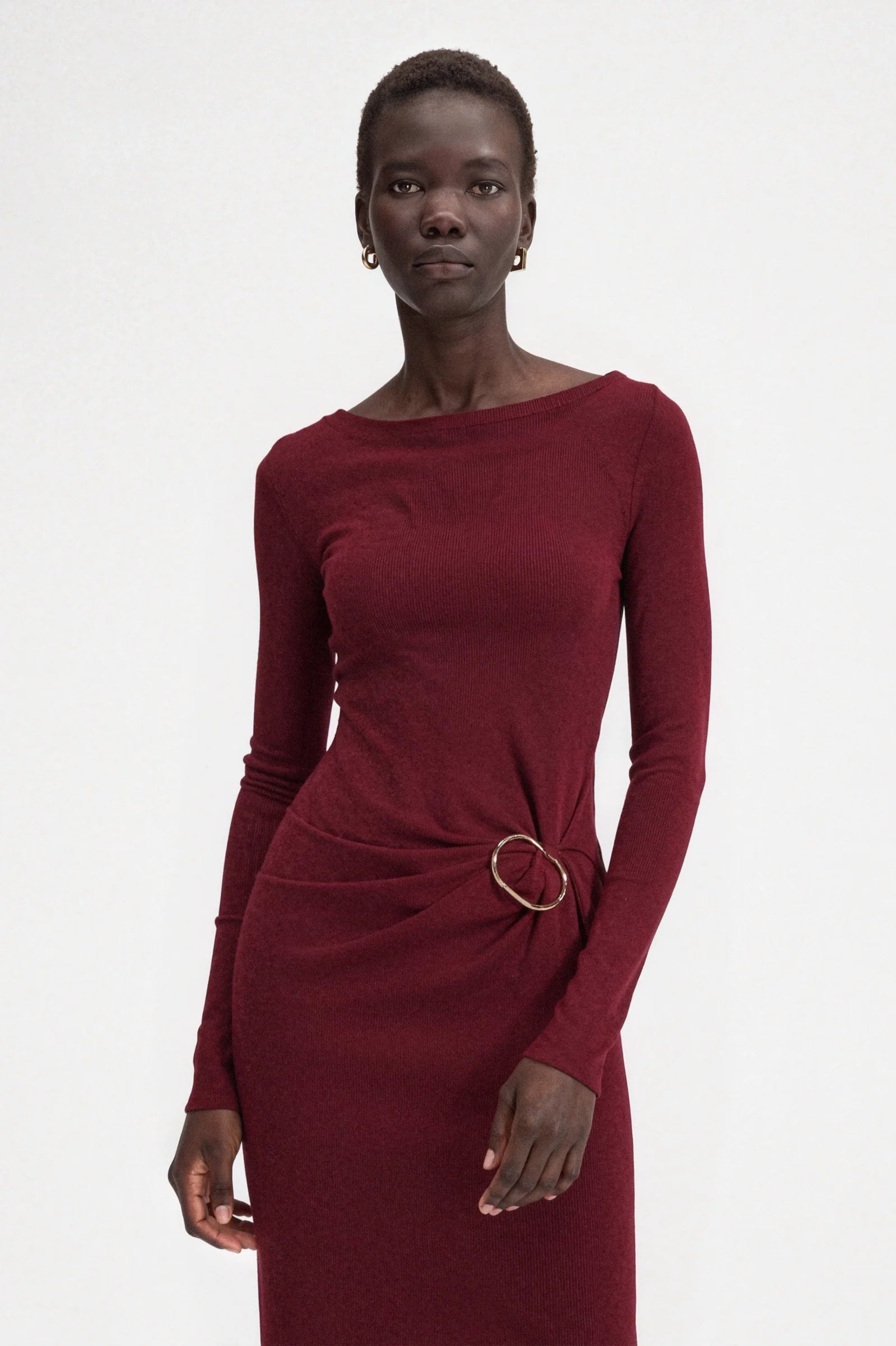 Side ruched ring detail on red evening dress