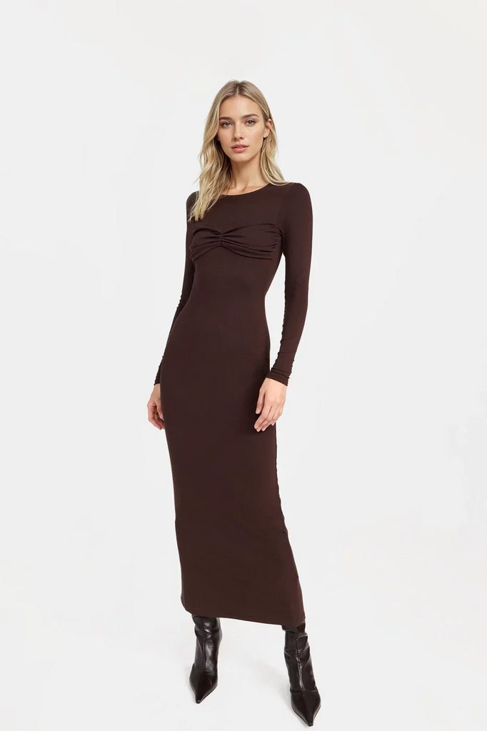 A fitted jersey midi dress in brown with a ruched bra detail.