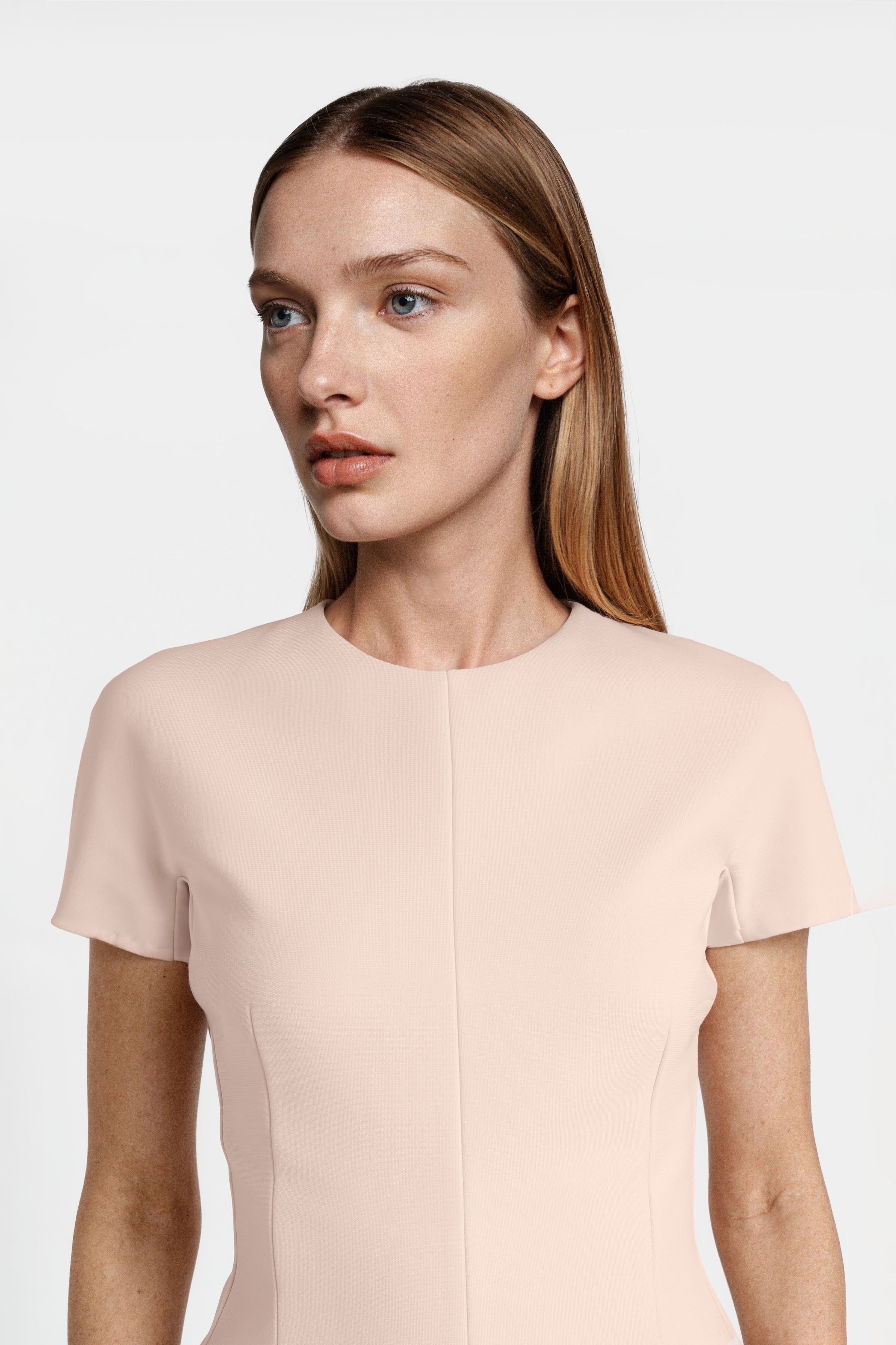 Felipe Albernaz salmon crepe mini dress front view – short sleeve structured women’s dress