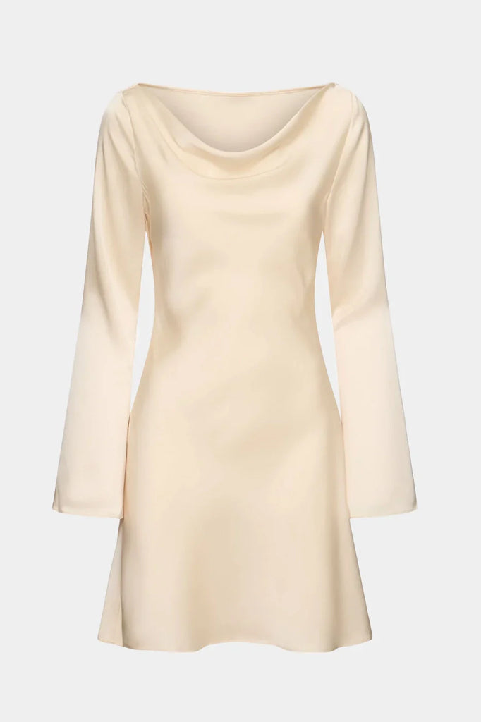 Elegant cream A-line satin dress with side zip closure, made in Madrid.