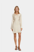 Cream satin cowl-neck minidress with flared long sleeves, perfect for weddings.