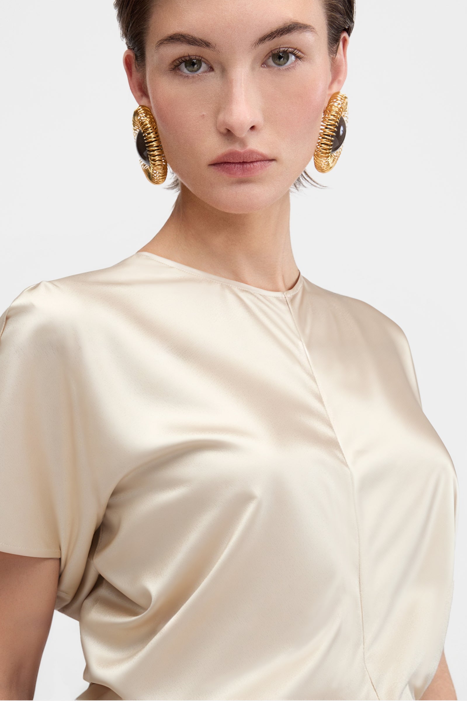 Satin flared midi dress beige
