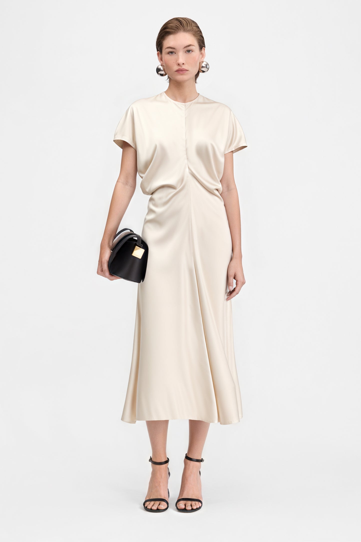Satin flared midi dress beige