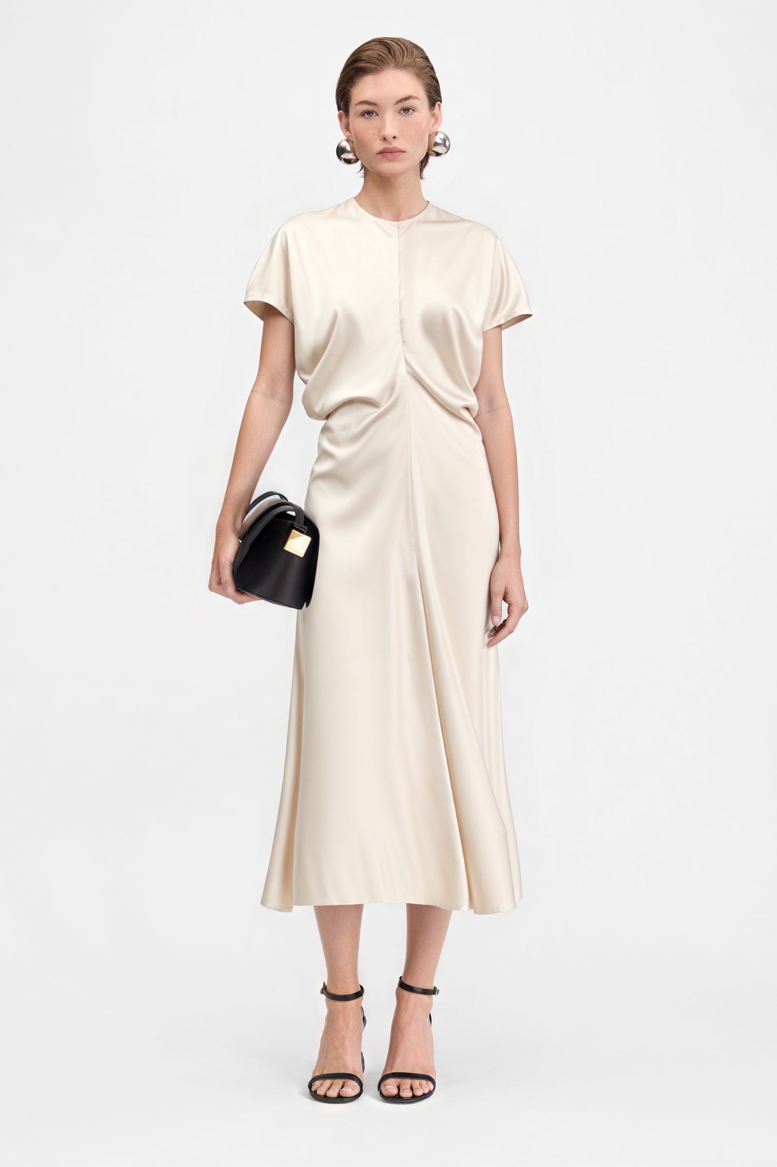 Satin flared midi dress beige