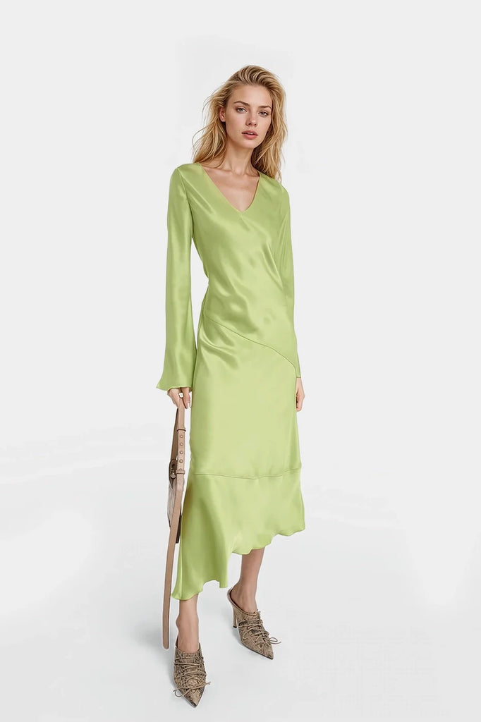 Kate Satin Midi Dress in green with adjustable ties and V-neckline.