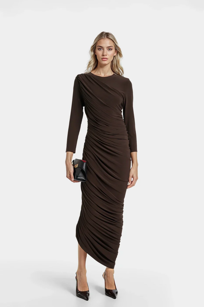 Gathered Brown Jersey Midi Dress featuring elegant draped sides and a flattering silhouette.