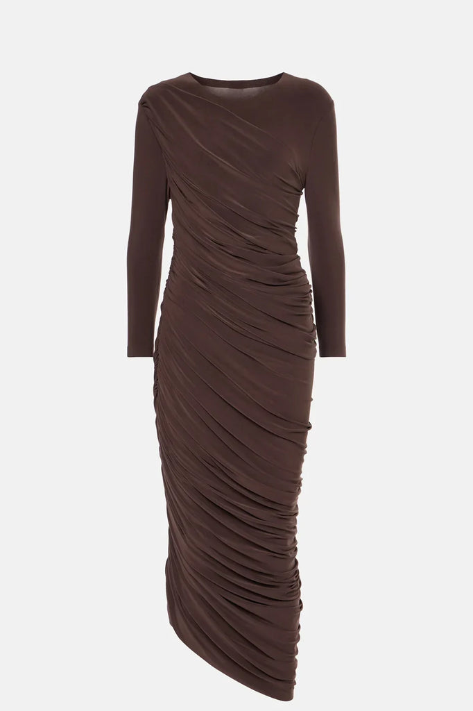 Gathered Brown Jersey Midi Dress featuring elegant draped sides and a flattering silhouette.