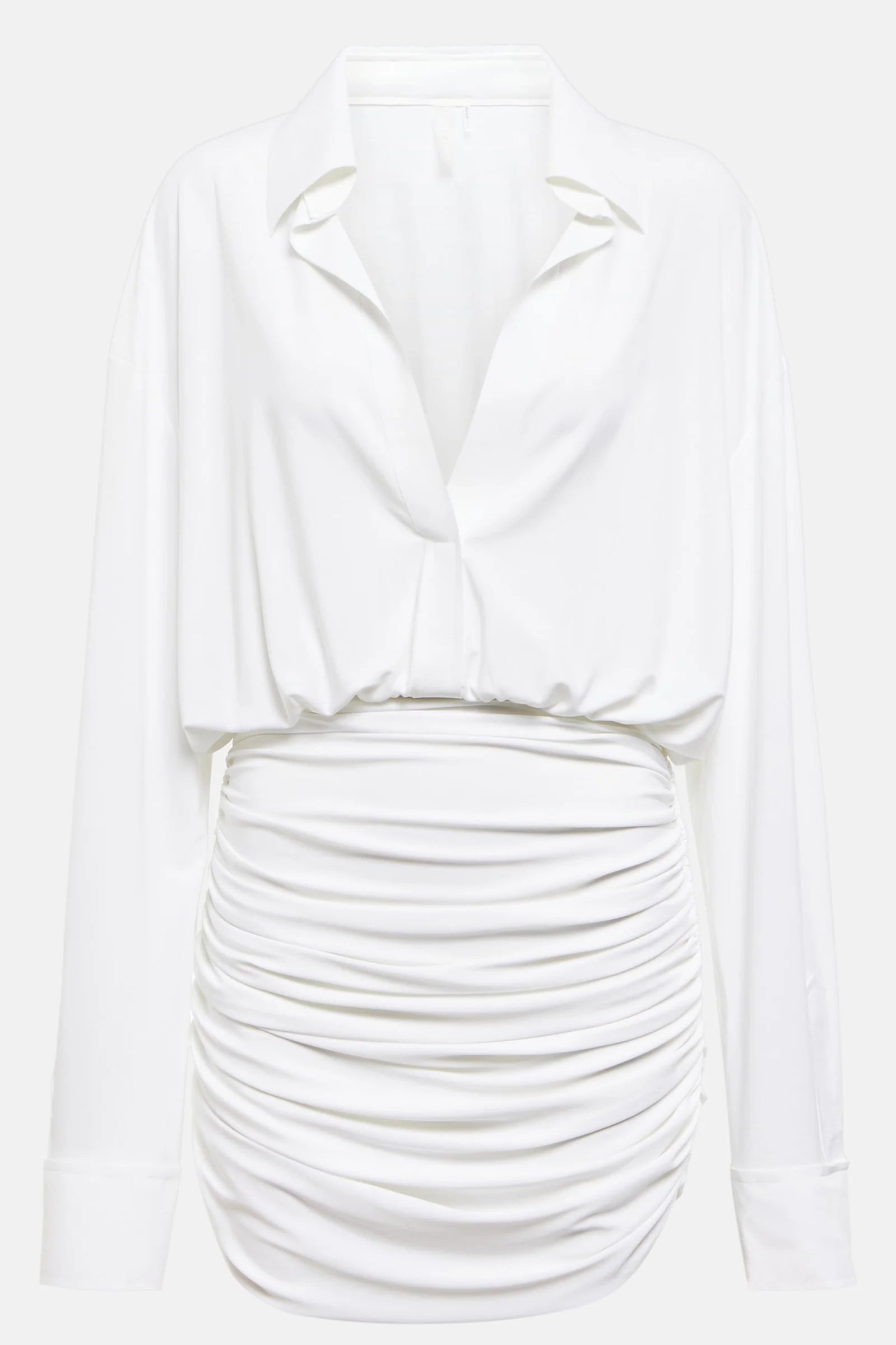 White Ruched Shirt-Style Mini Dress
