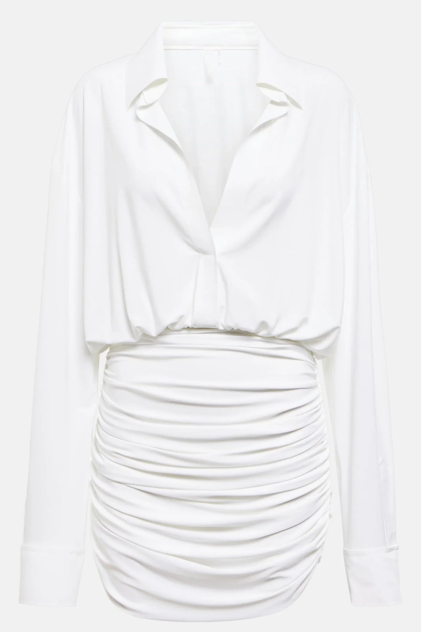 Detail of shirt collar and drape – white shirred mini dress