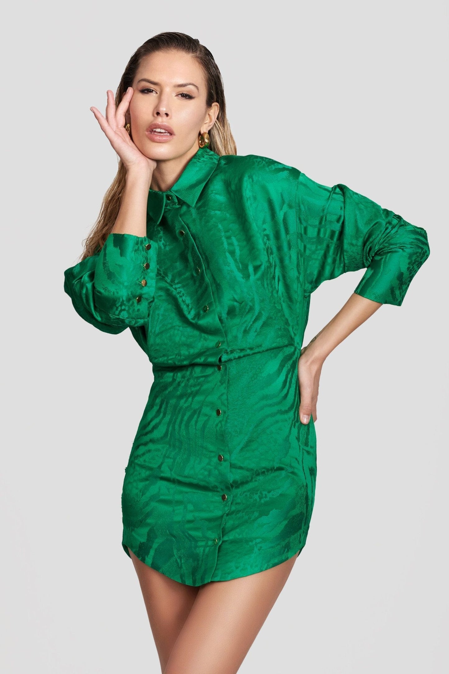 Lorena green satin mini dresses with jacquard print