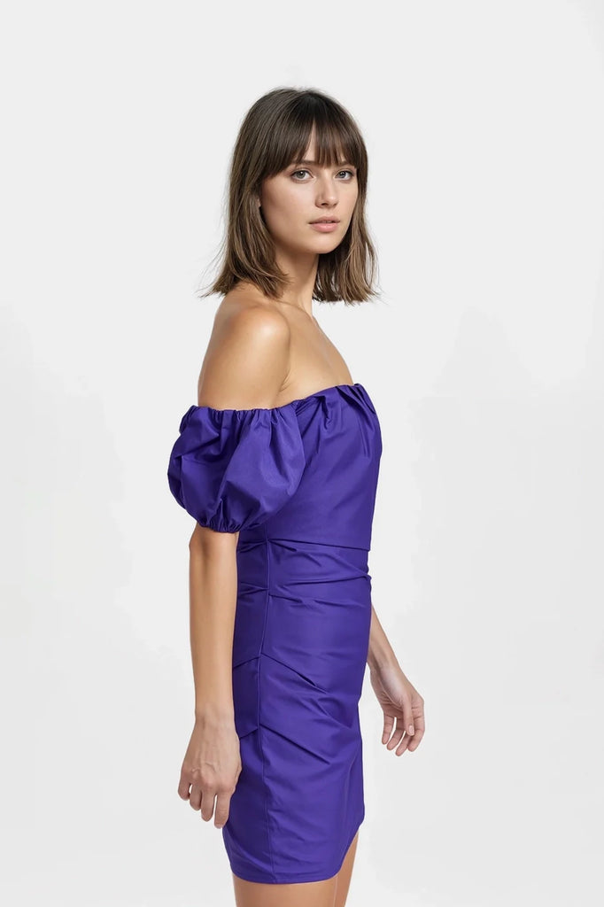 Giulia Taffeta Minidress in purple with elegant puff sleeves.