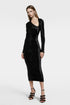Felipe Albernaz velvet black dress front view – asymmetric neckline long sleeve fitted midi