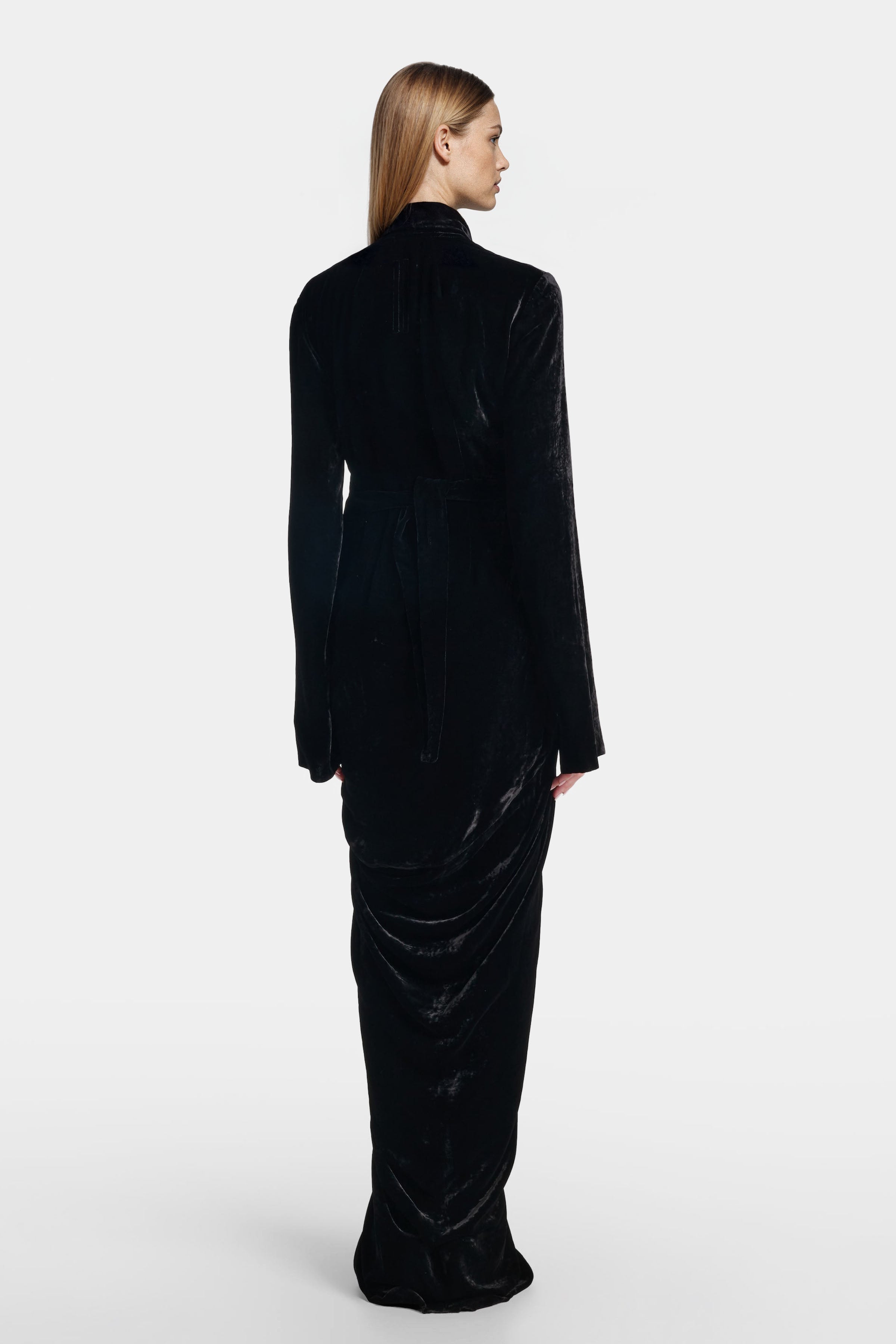 Back view of Felipe Albernaz Velvet Wrap Black Dress – long sleeves and tied waist
