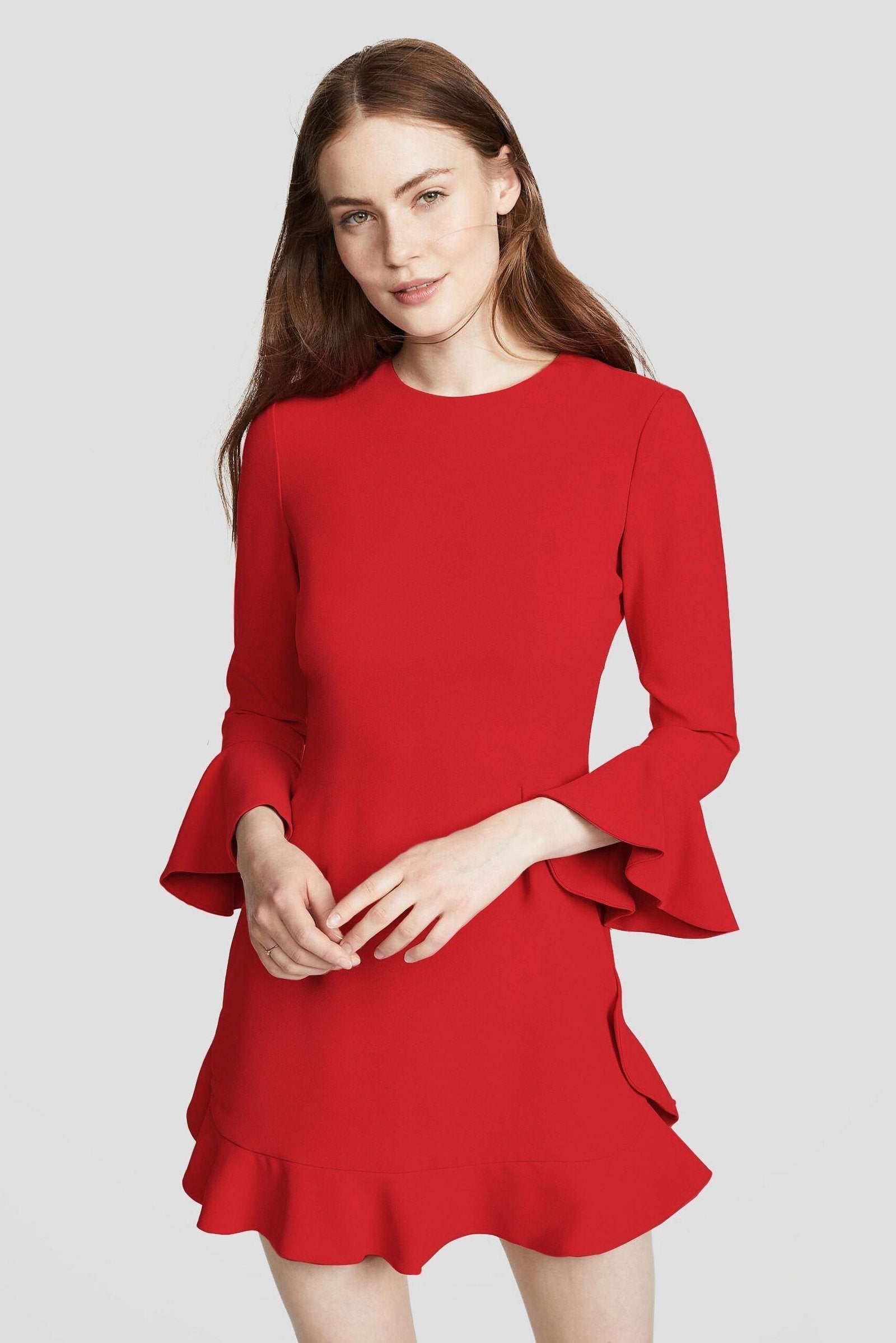 Ruffled stretch-crepe dresses in vibrant red with long sleeves.