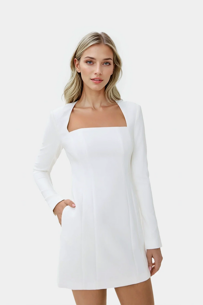 Elegant white minidress with long sleeves and on-seam pockets, crafted from comfortable low-stretch crepe.