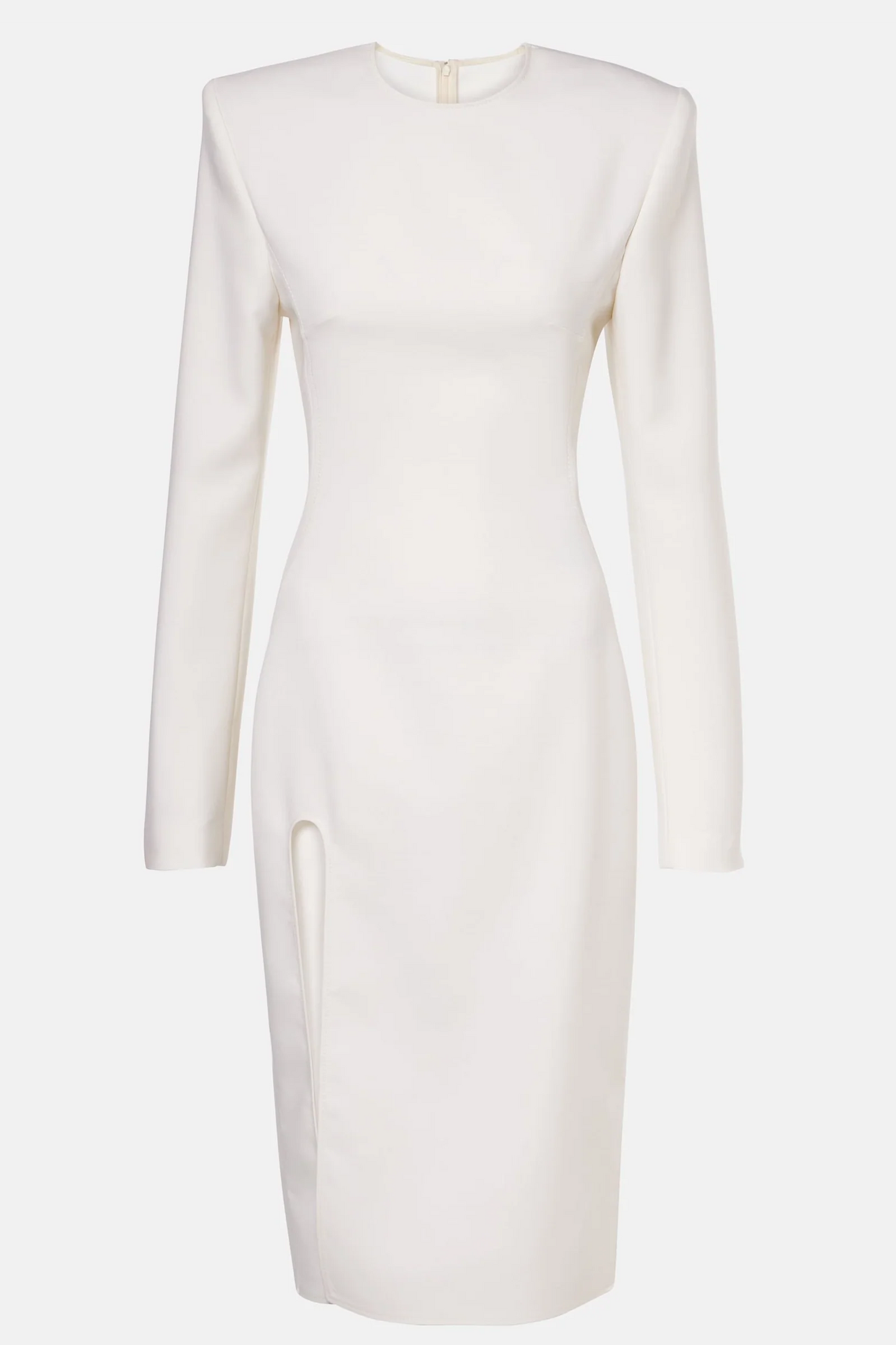 White long-sleeve midi dress with bold thigh slit and minimalist cut