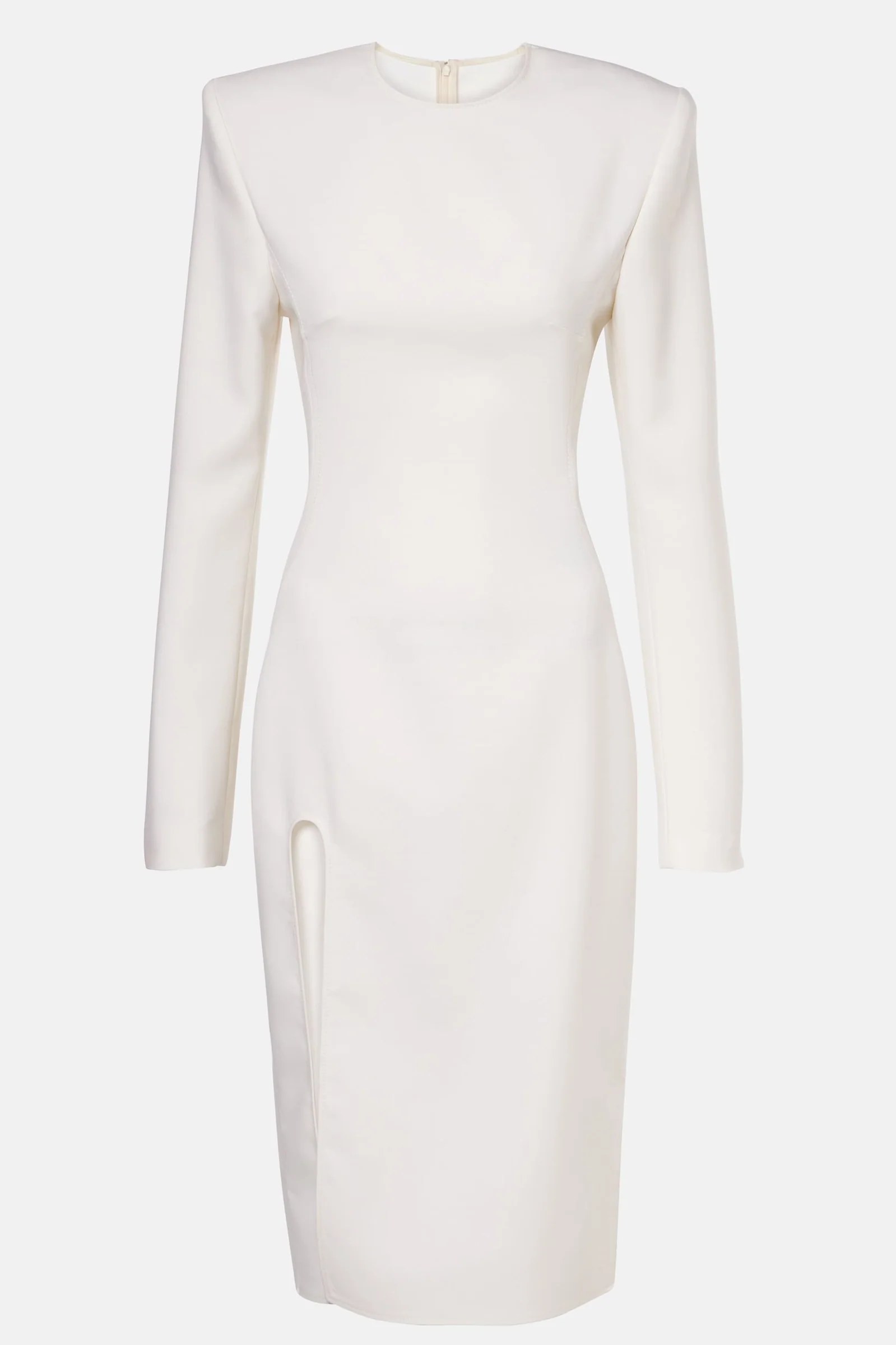 White long-sleeve midi dress with bold thigh slit and minimalist cut