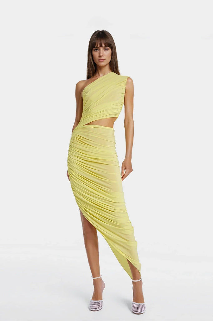 Jane Draped One-Shoulder Jersey Gown in yellow with asymmetrical detailing.